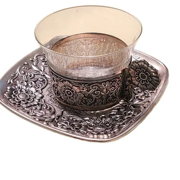 4 Vintage Pewter Saucer Tea Coffee Cups Floral Flower Glass Mug Dining Dinner - Picture 8 of 13